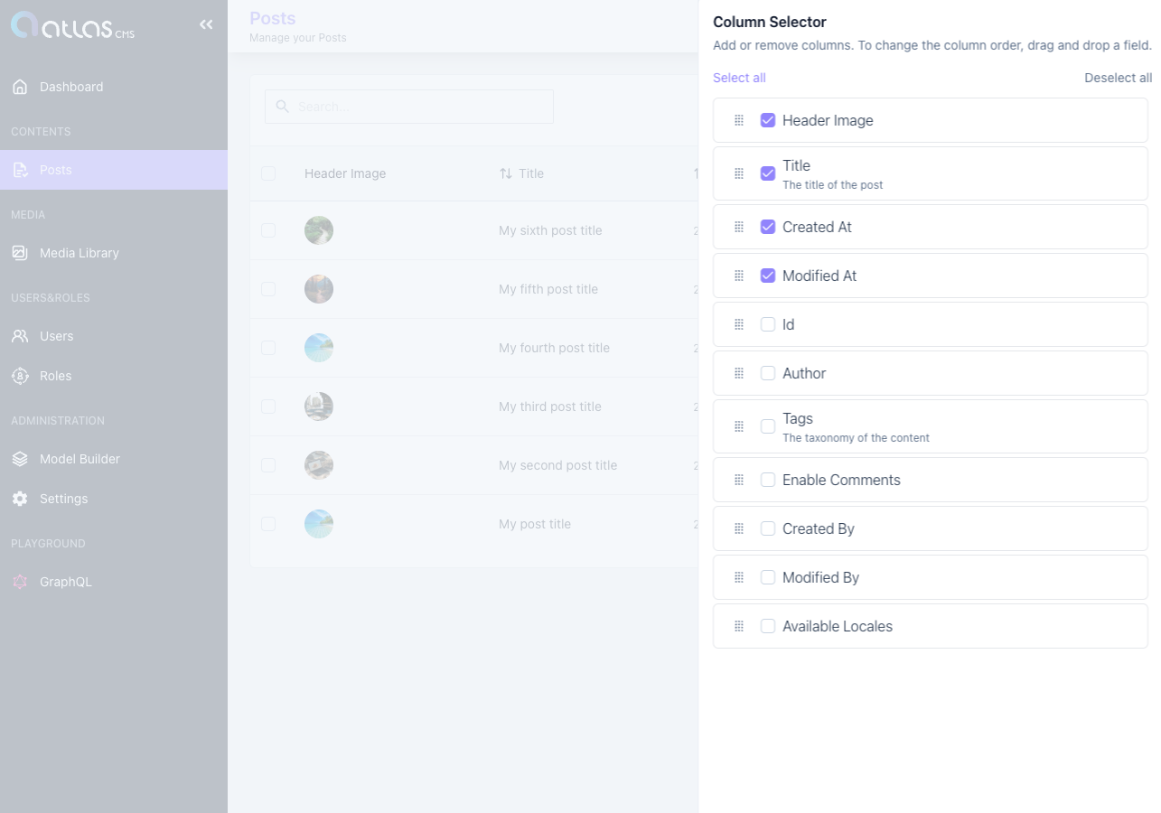 Column Selector panel to choose and order table columns