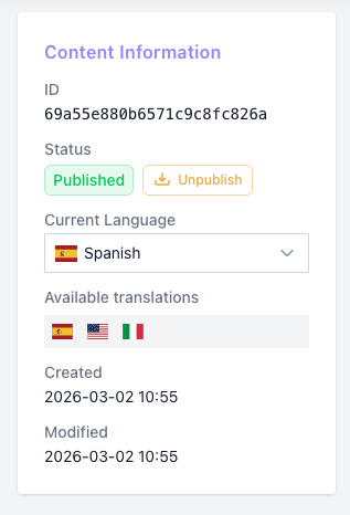 Edit page with Content Information panel showing status and publish/unpublish