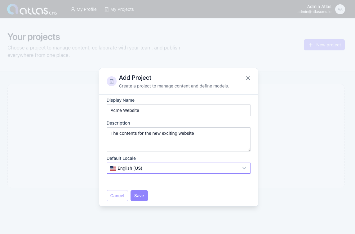 Add Project modal with Display Name, Description and Default Locale fields