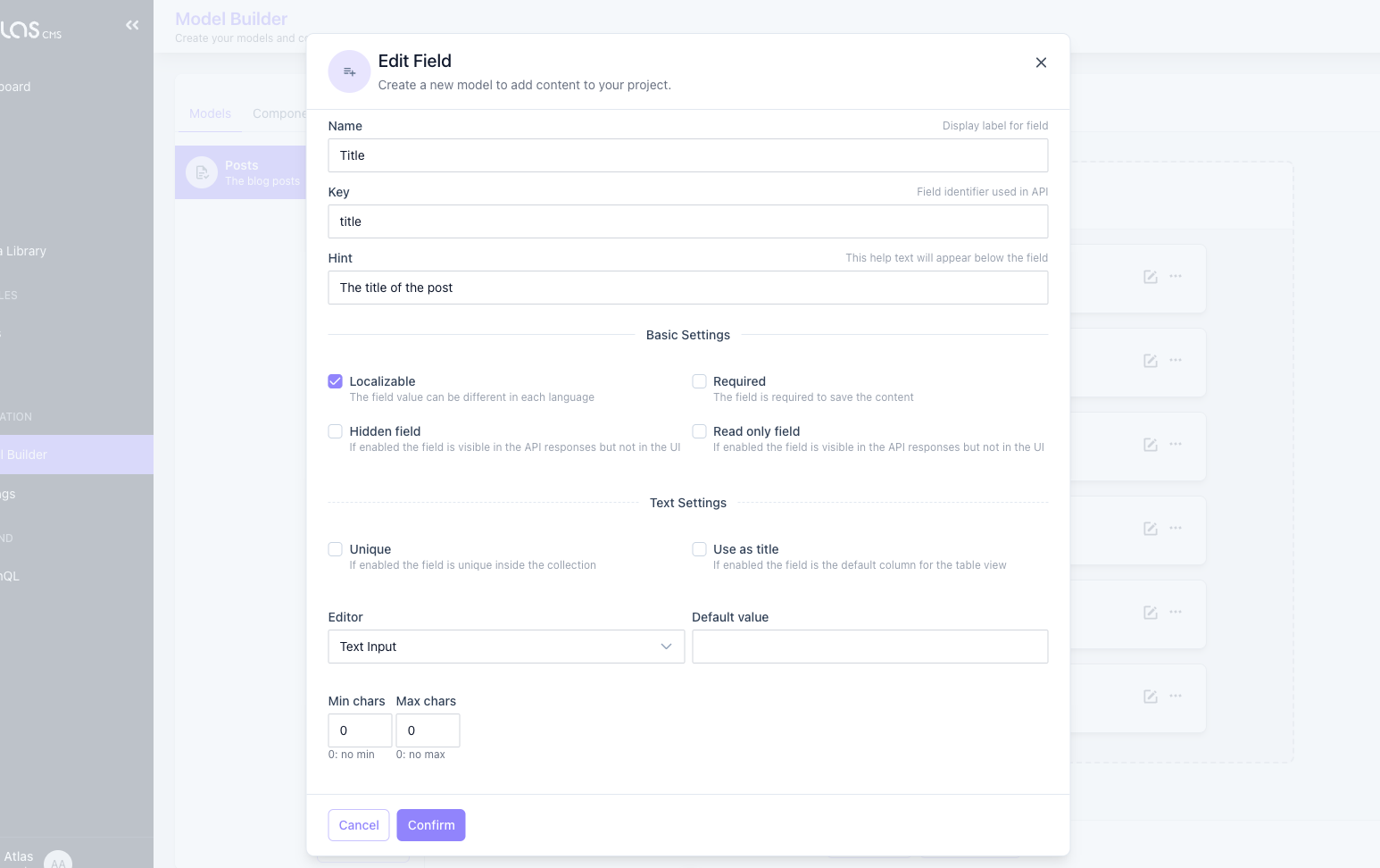 Field properties panel when editing a model field