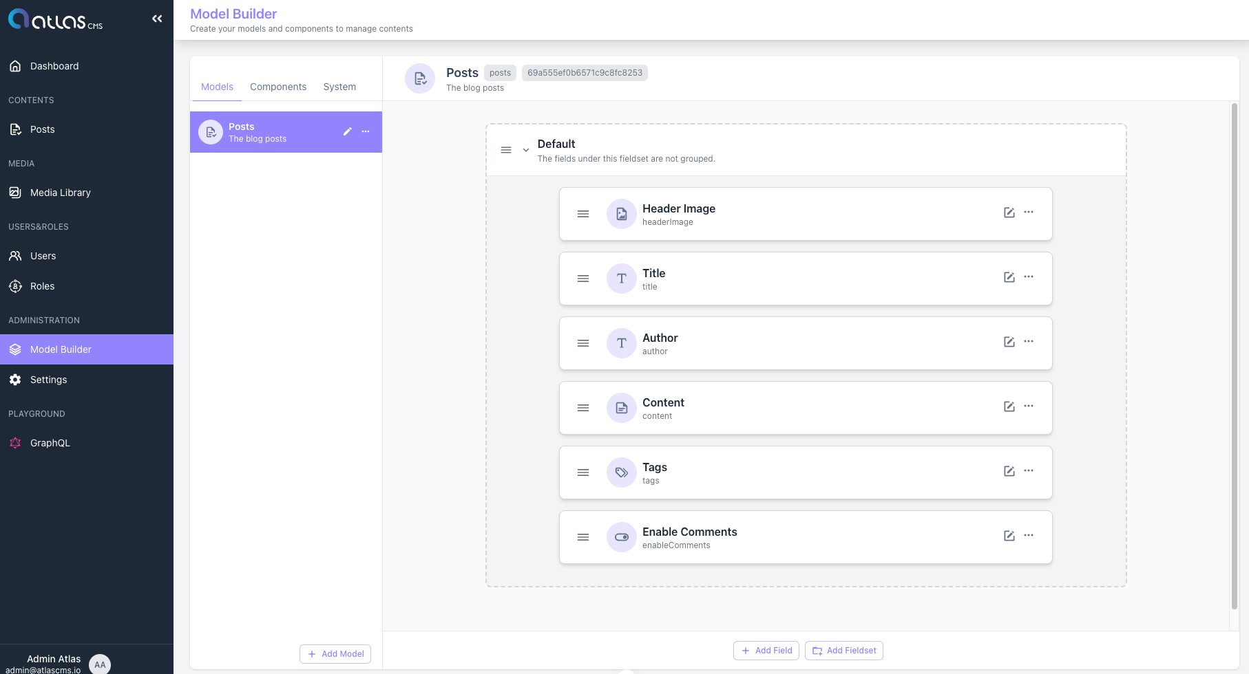 Visual Model Builder overview with models list and fields panel